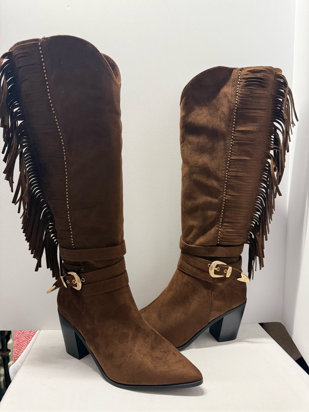 Cato Brown Suede Fringe Mid-Calf Heeled Boots